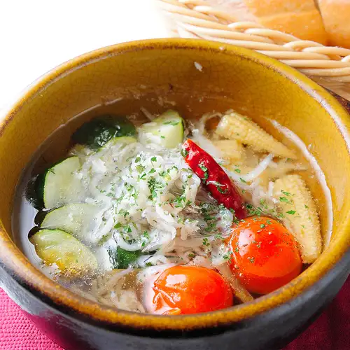 Ajillo with summer vegetables and whitebait