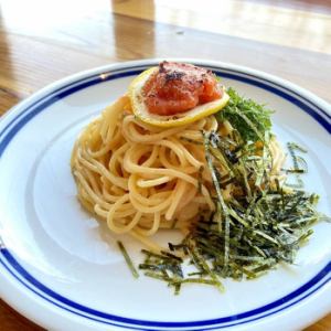 Chopped shiso leaves and grilled mentaiko pasta