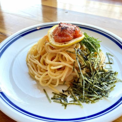 Chopped shiso leaves and grilled mentaiko pasta