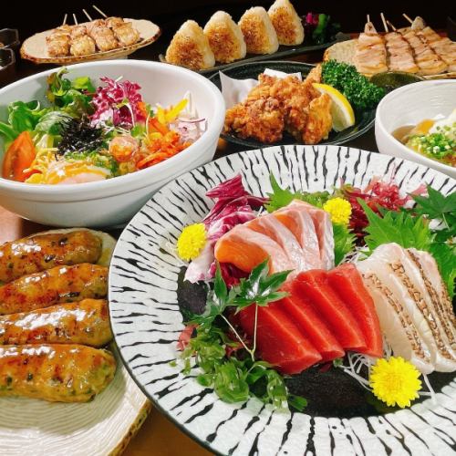 Year-end and New Year special plan: 9 dishes including three seasonal sashimi dishes and three kinds of charcoal grilled yakitori, 150 minutes all-you-can-drink included, 5,000 yen