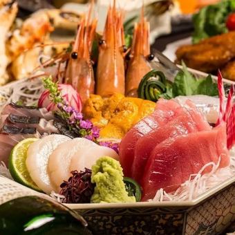 [Standard course] Three kinds of sashimi delivered directly from the fishing port x Hakata teppan gyoza, etc. {8 dishes in total/3 hours all-you-can-drink} 4500 yen ⇒ 3500 yen