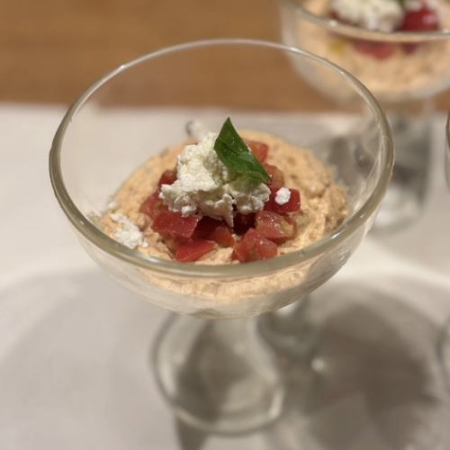 Rich tomato mousse, Hasegawa's fruit tomatoes, homemade ricotta cheese