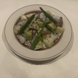 Octopus, water eggplant, green beans and potato salad with dukkah spice and kelp oil
