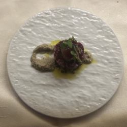 Fukushima Prefecture Aizu horse meat and lentils, Negrone compote, grilled eggplant puree