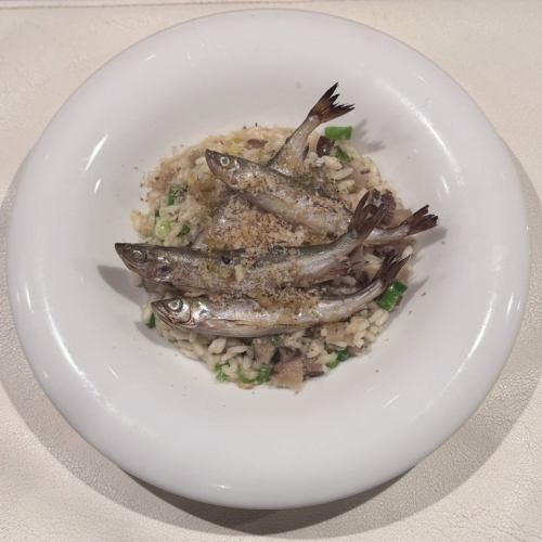 Smoked daikon radish and Kujo leek risotto, overnight dried yanagiba fish, Japanese pepper breadcrumbs