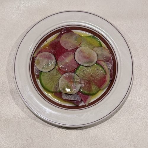 Winter yellowtail, pickled colored radish with mustard, konjac roe, radish puree, black pepper