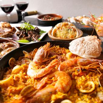 【ちょっぴり贅沢に！】春の魚介が満載のパエリアにアヒージョ、肉料理にデザート！120分飲放付