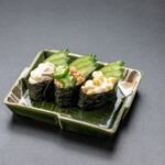 Gunkan 3-piece nigiri (corn mayo, tuna mayo, okra natto)