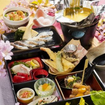 - A blissful and luxurious lunch - "Sakura sea bream shabu-shabu and spring Shokado kuzushi kaiseki" 10 dishes total 2,310 yen (tax included)