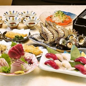 ★これが定番★アジフライ！刺身3種盛りに握り寿司等～潮騒コース～3300円(税込)