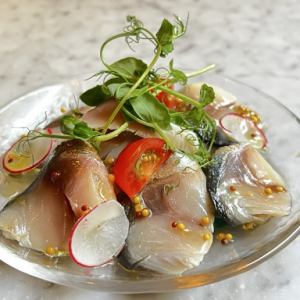 シメサバの軽い炙り　粒マスタードソース