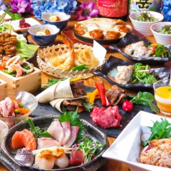 【7月】5,000日元，串燒、生魚片5塊、鮮魚天婦羅等11道菜品+120分鐘無限暢飲