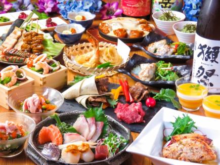 [7月] 5,500日元，串烧、生鱼片5份、鲜鱼天妇罗等11道菜品+150分钟无限畅饮