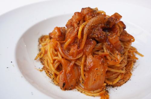 Pancetta and Amatriciana spaghetti