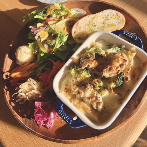 【プレートランチ】桜島鶏もも肉とブロッコリーのペンネグラタン(サラダ・スープ・パン付き)