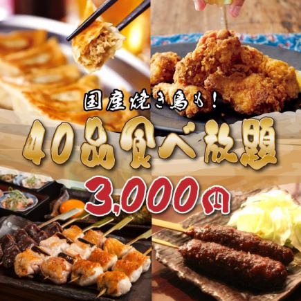 【焼鳥好き必見!】ももやレバーなど国産焼き鳥5種追加!40品食べ放題!満足コース