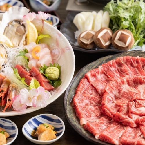 【各種套餐】「當季生魚片及嚴選牛肉壽喜燒宴會套餐」「主廚精選宴會」6,000日圓〜>