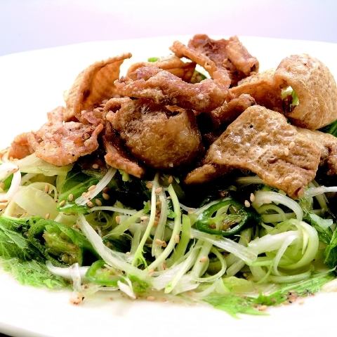 Refreshing salt salad with crispy chicken skin and soft white onions