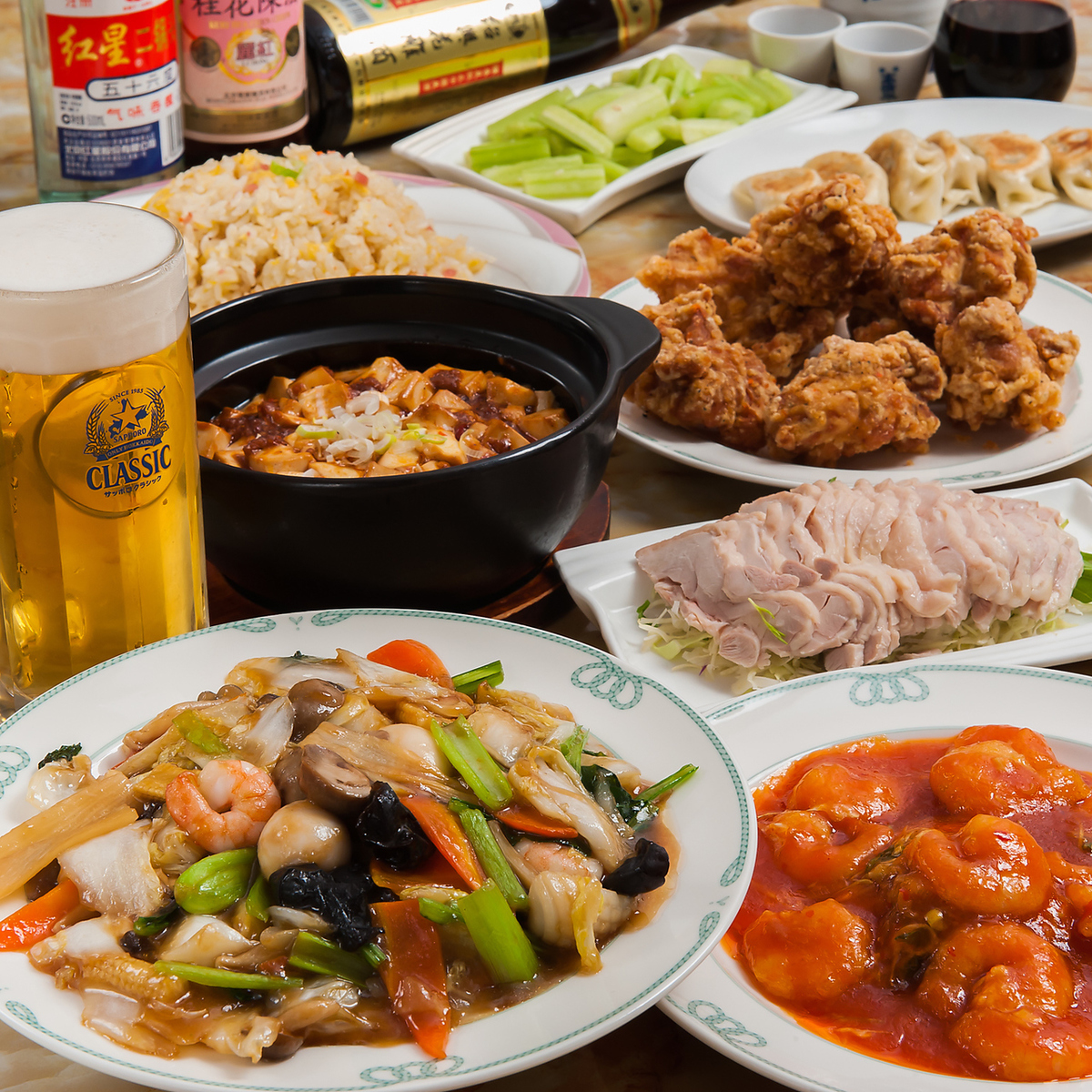 生ビール込120分飲み放題付》麻婆豆腐・エビチリ等人気メニュー全8品