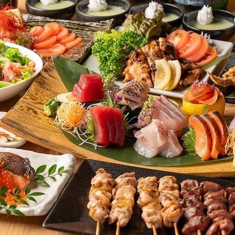 【人気宴会コース】地鶏焼き鳥と旬の刺身を味わう豪華海鮮コース料理