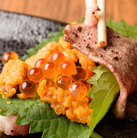``Wagyu Beef Koune Sea Urchin Ikura Maki'' with sea urchin and salmon roe made with Hiroshima's famous Koune!