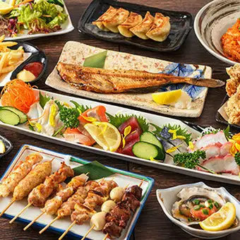 【2.5h飲み放題付き定番コース】イカの丸焼,串焼3種,選べるお鍋など全9品5,378円⇒4,730円