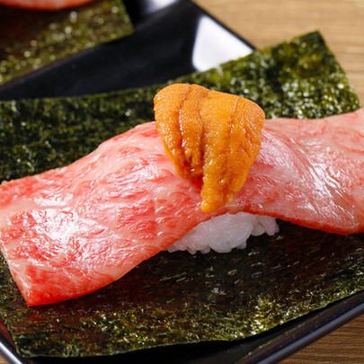 Seared fatty beef hand roll with sea urchin