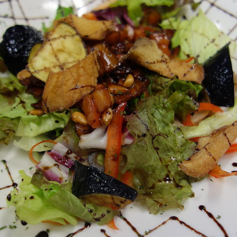 Warm eggplant and king oyster mushroom salad with balsamic dressing
