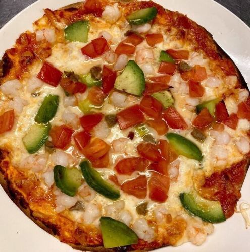 Shrimp and avocado anchovy pizza