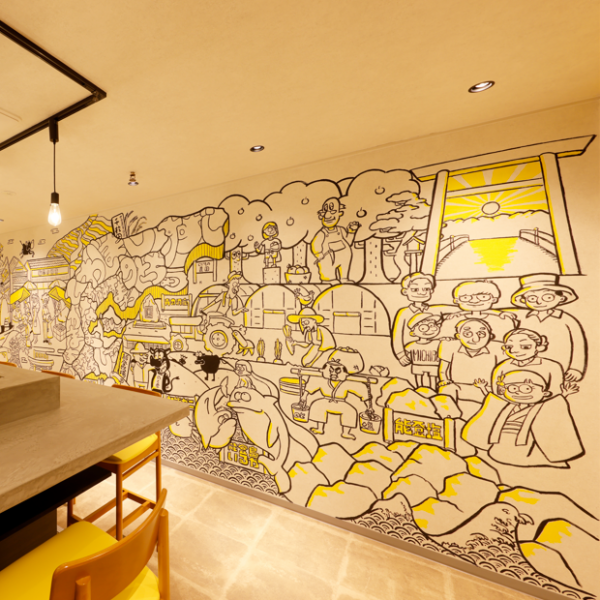 There is a stylish mural behind the counter seats ♪ You can enjoy the atmosphere with pop illustrations and meat parts ◎