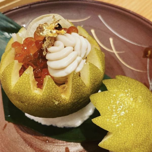 白子といくらのカボス窯蒸し