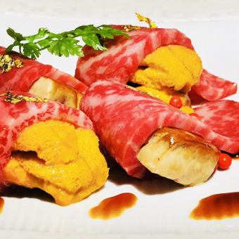 Sendai beef, sea urchin, and grilled foie gras