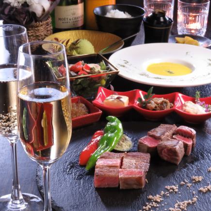 【晚餐】同时享用菲力牛排和西冷牛排。京都顶级套餐(9道菜)¥16,500 → ¥15,400