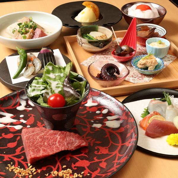 「雅套餐」生鱼片拼盘/白关东煮/黑毛和牛牛排/7道菜合计6,500日元◎娱乐和生日。宝贵时光。