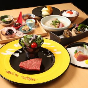 ``Tsuru Course'' / Abalone and seasonal vegetable tempura / Kuroge Wagyu beef steak / White oden 7 dishes total 8,500 yen (tax included)