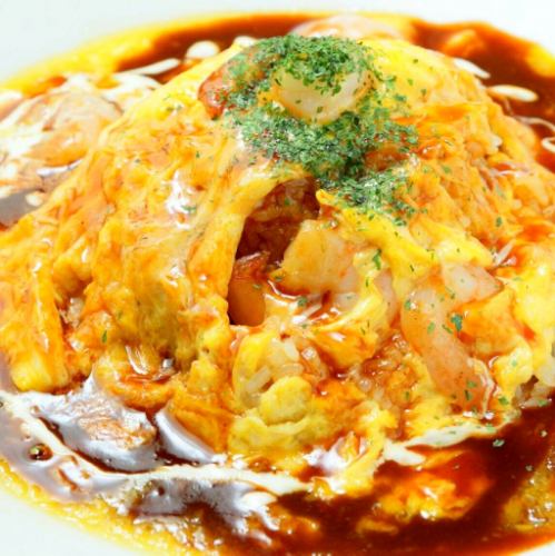 Shrimp omelet rice with soft-boiled egg