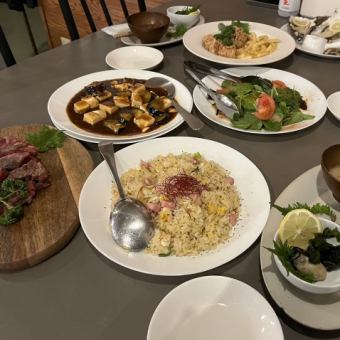【牛ステーキ/麻婆豆腐/殻付き生牡蠣/デザート等全7品＋150分飲み放題付き】￥6000コース(税込）
