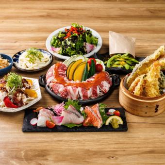[120 minutes all-you-can-drink included] Summer vegetables and Japanese black beef grilled shabu-shabu course with our signature tempura