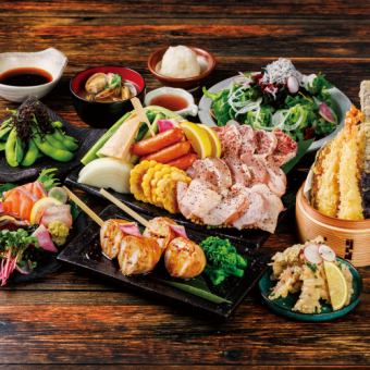 [120-minute all-you-can-drink included] Course featuring 3 types of grilled meat, 5 kinds of sashimi including spring bonito
