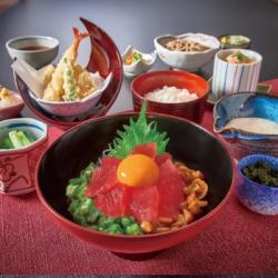Sticky Tuna Set Meal with a complimentary steamed egg custard