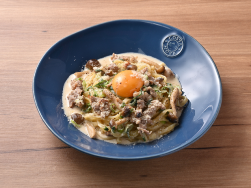 Kujo leek and mushroom koji carbonara