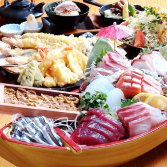 【期間限定】豪華生魚片乘船、海鰻天婦羅一份、鯛魚茶泡飯…2小時無限暢飲「下門來福套餐」4,500日元