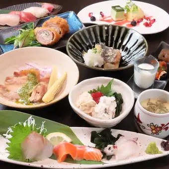 <Food Only> [Luxurious] 9 dishes including 3 kinds of sashimi, local chicken, blanched conger eel and fresh yuba with plum sauce → 5000 yen
