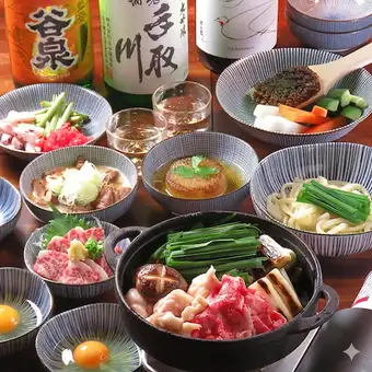 【霜降り馬刺し・国産牛もつ＆黒毛和牛すき焼きコース】7000円コース2.5時間『石川地酒』飲放付