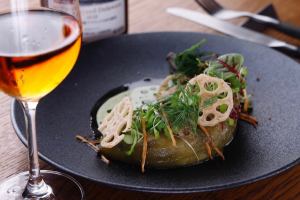 Autumn eggplant escalivada (whole roast) and autumn vegetable fritters ~ Caviar d'aubergine and herb aroma ~