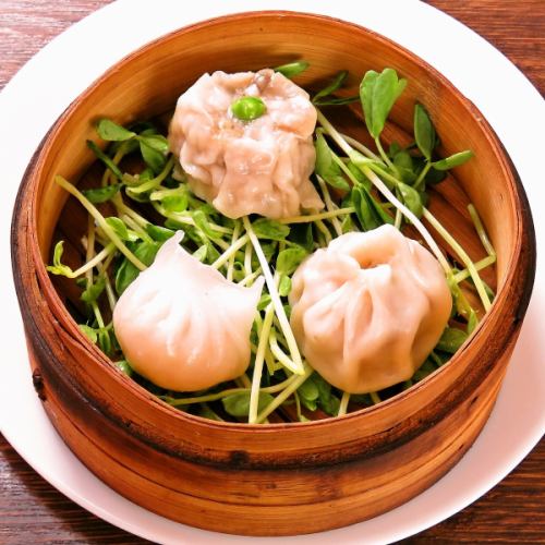 Three kinds of dim sum (shumai, shrimp dumplings, dumplings)