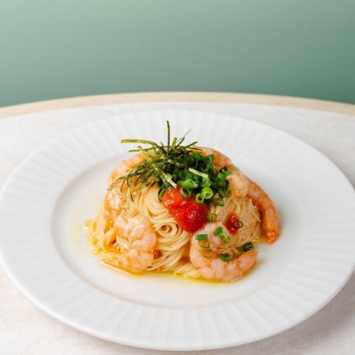 Japanese-style cold pasta with shrimp and cod roe