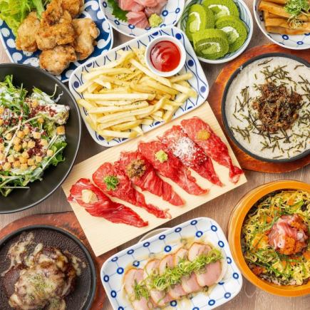 《至福の時間》肉寿司,肉手巻き,海鮮含む◆180分飲み放題◆肉たらし贅沢満喫コース6000⇒