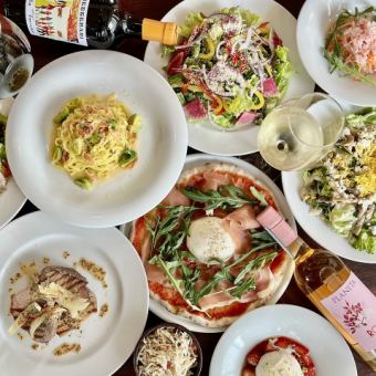 New☆【還元祭☆全部選べる定額プラン】飲み放題０円☆前菜、サラダ、ピッツァにパスタ、お肉☆