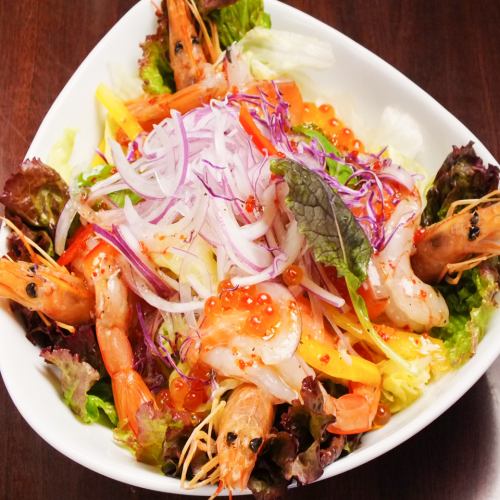 Seafood salad with avocado and sweet shrimp